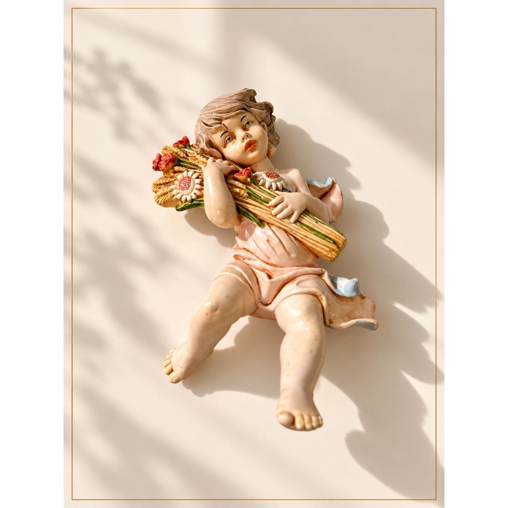 Fontanini Cherub Angel Wall Hanging Putti Wheat Flowers Made Italy Vintage